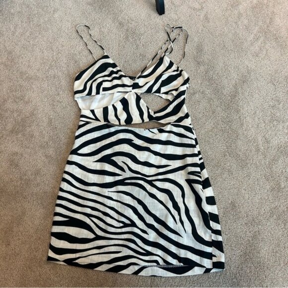 Zara black white zebra animal print cut out spaghetti strap mini dress L NWT - Picture 5 of 13